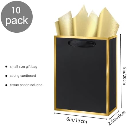 10-Pack Black and Golden Gift Bags with Handles