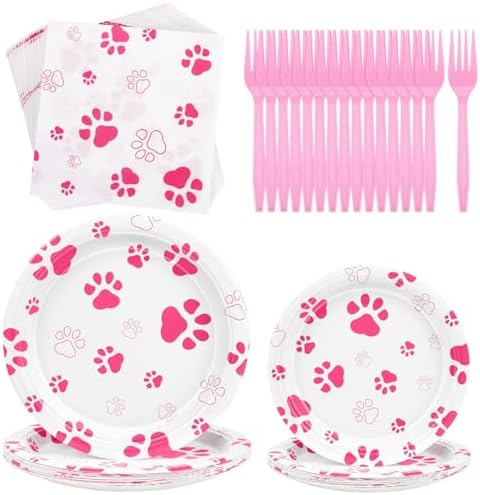 Durony 72 Piece Dog Paw Print Party Set Pink Decor