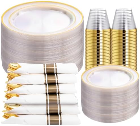 DaYammi 350PCS Clear Gold Disposable Dinnerware Set for 50 Guests