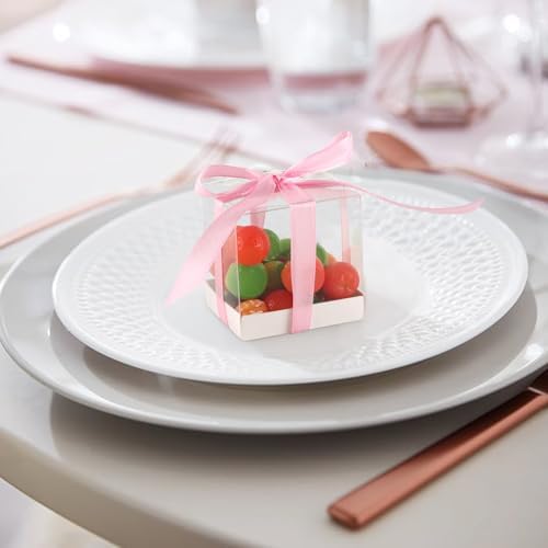 Hxezoc 50 Pack Clear Candy Favor Boxes with Pink Ribbons 2x2x2 Inches