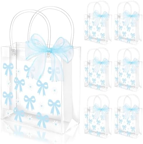 Whaline 12 Pcs Clear PVC Gift Bags with Blue Bowknot and Daisy Design