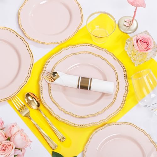 Hioasis 350pcs Pink Gold Plastic Plates Set
