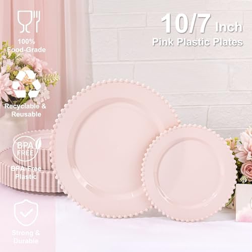 U-QE 60PCS Pink Plastic Plates for Parties and Events