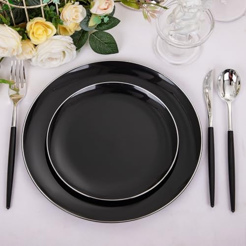 DaYammi 30 Guests Black Plastic Plates Set with Silverware for Events