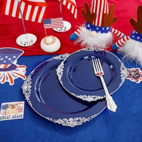 Hioasis 350pcs Blue and Silver Plates Set for 50 Guests