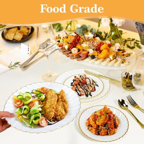 Lzerking 125 Pcs Ivory Scalloped Disposable Plates with Gold Rim Set