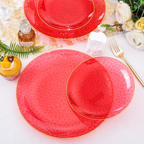 Rubtlamp 60 Pcs Red Plastic Plates with Gold Rim