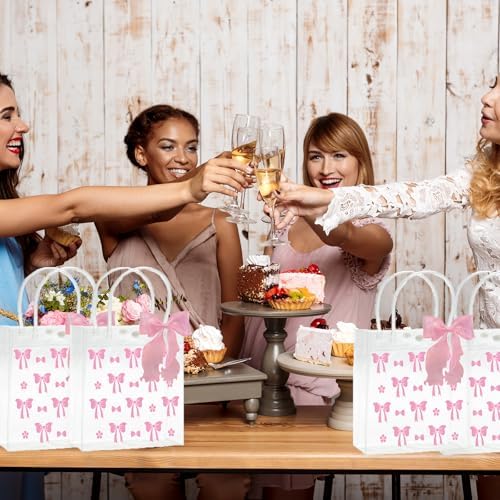 Lyosehy 10 Pcs Pink Bow Clear PVC Gift Bags with Handle Ribbon
