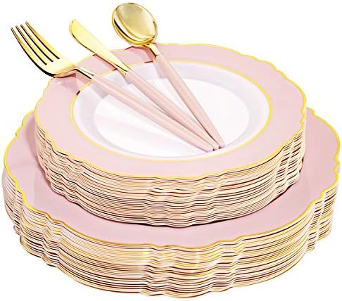 WDF 30 Guest Pink Gold Plastic Plates Set