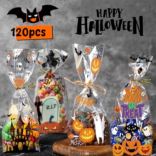 Halloween Treat Bags 120 PCS - Spooky Cellophane Goodie Bags for Kids
