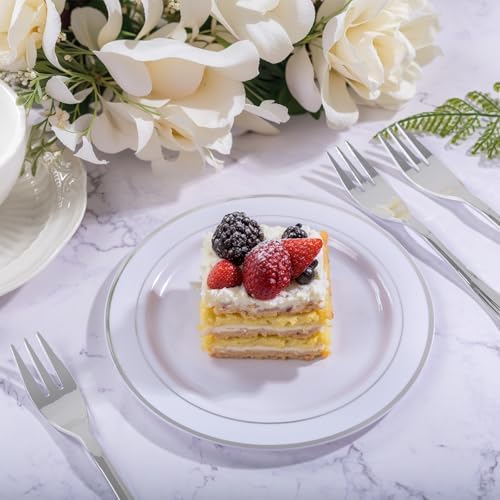WELLIFE 240PCS Silver Plastic Dessert Plates with 120PCS Forks