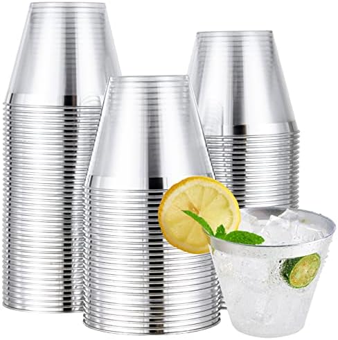 JOLLY CHEF 100 Pack Clear Plastic Cups with Silver Rim