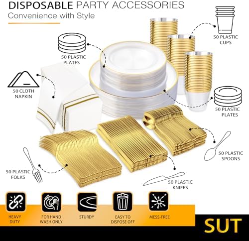 SUT 350Pcs Plastic Dinnerware Set for 50 Guests
