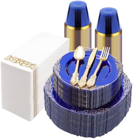 350PCS Clear Blue Plastic Plates with Gold Trim for 50 Guests