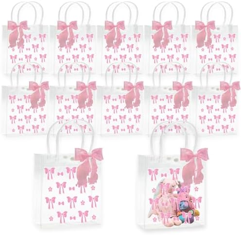 Lyosehy 10 Pcs Pink Bow Clear PVC Gift Bags with Handle Ribbon