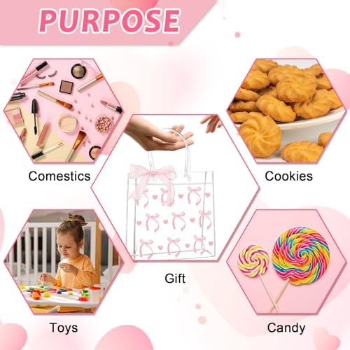 QOUBAI 24pcs Pink Bow Clear PVC Gift Bags with Handles