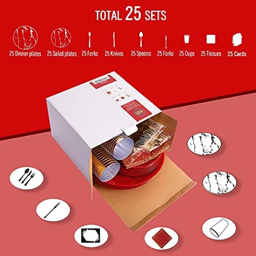 N9R 225PCS Red Gold Plastic Dinnerware Set