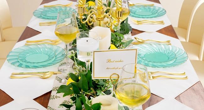 YOUBET 125PCS Clear Green Plastic Plates with Gold Rim