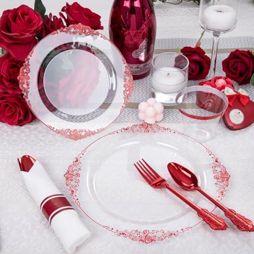 Hioasis 350pcs Clear Red Plates for 50 Guests