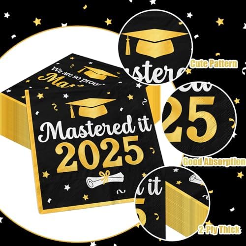 Mastered It Graduation Napkins 2025 50pcs Black Gold Decorations