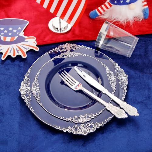 Hioasis 350pcs Blue and Silver Plates Set for 50 Guests