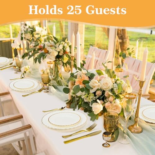 Lzerking 125 Pcs Ivory Scalloped Disposable Plates with Gold Rim Set