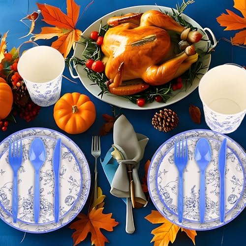 175Pcs Blue Floral Paper Plates and Napkins Party Set