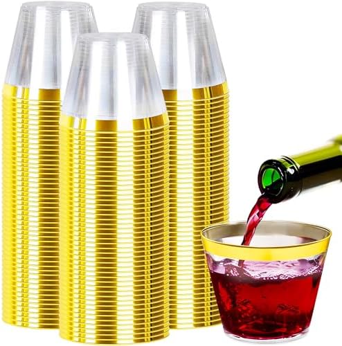 Zcaukya 100pcs 9oz Gold Rim Plastic Cups