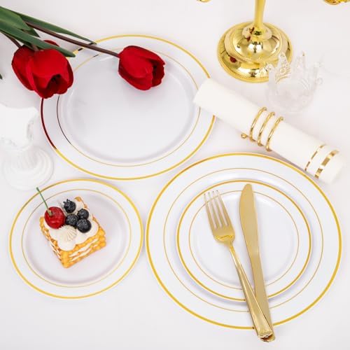 GATHER 350PCS White and Gold Plastic Plates Set for Party Wedding