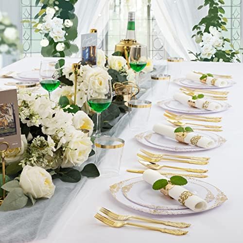 Nervure 175PCS White and Gold Plastic Plates Set