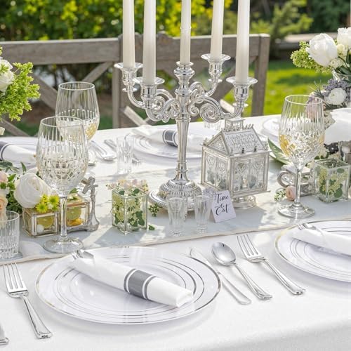 WDF 120PCS Plastic Christmas Plates with Silver Rim