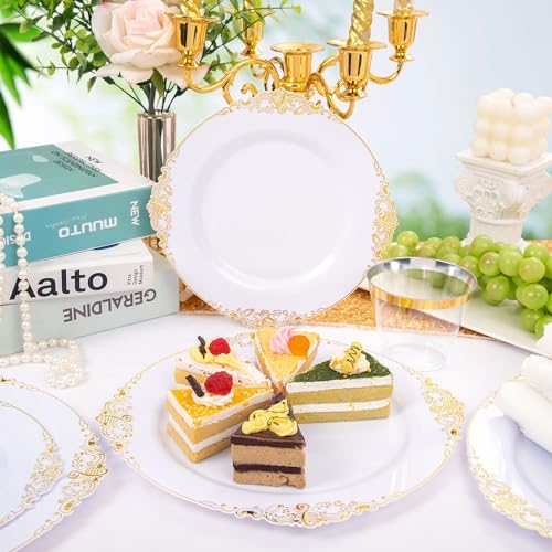 Nervure 175PCS Gold Plastic Plates for 25 Guests Wedding Party Supplies