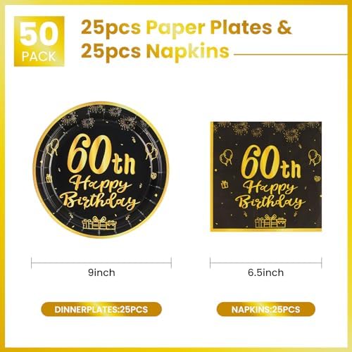60th Birthday Plates And Napkins 50pcs 9 Black Party Decorations