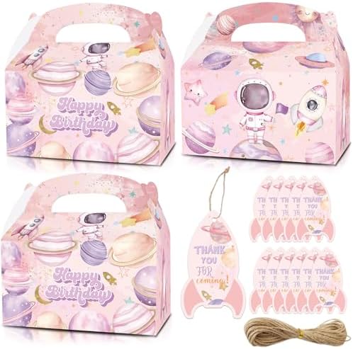 KARAQY Pink Astronaut Space Party Favor Boxes 12 Pcs