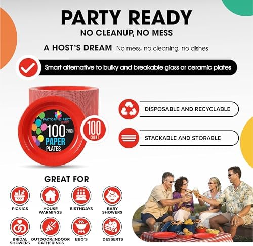 Exquisite Heavy Duty 7 Inch Red Paper Plates 100 Pcs Party Supplies