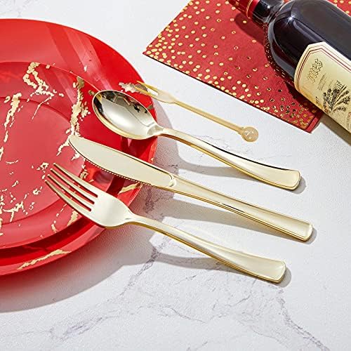 N9R 225PCS Red Gold Plastic Dinnerware Set