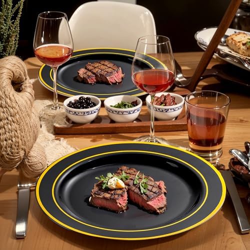bUCLA 600PCS Black and Gold Disposable Dinnerware Set for Parties