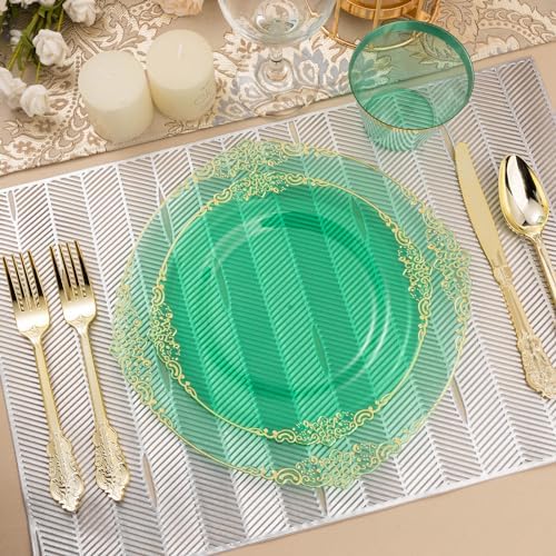 350PCS Clear Green Plastic Plates with Gold Trim for 50 Guests