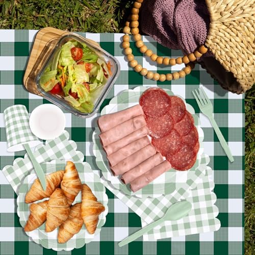 175 PCS Sage Green Gingham Plates Napkins Set for Party