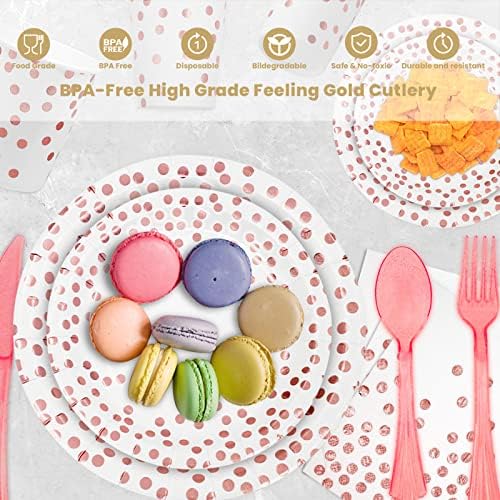 AIRE 175Pcs White Rose Gold Paper Plates Dinnerware Set for 25 Guests