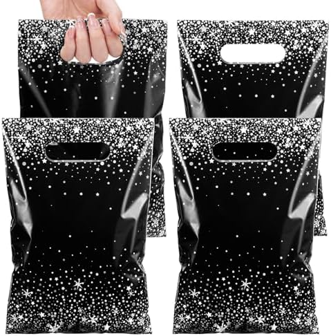 Pasimy 50 Pcs Black and Silver Gift Bags with Handles for Parties