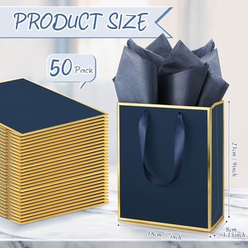 Yeaqee 50 Pack Metallic Gift Bags with Handle and Tissue Paper