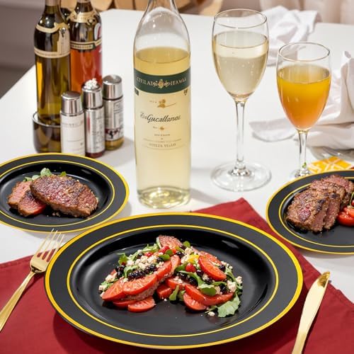 bUCLA 600PCS Black and Gold Disposable Dinnerware Set for Parties