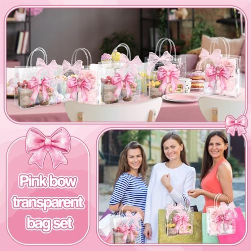Wesnoy 24 Pcs Pink Bow Clear PVC Gift Bags with Handles