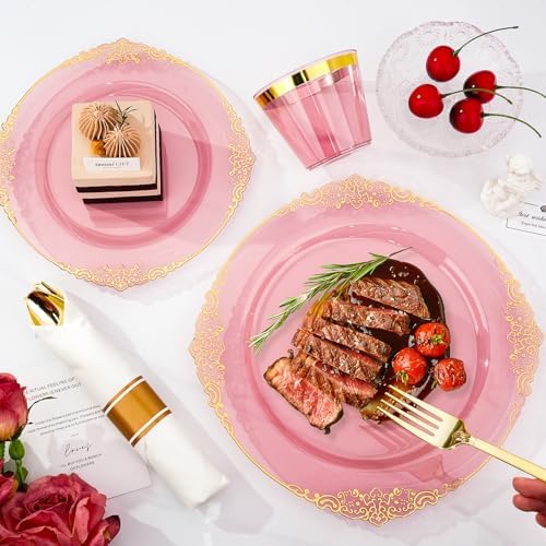 350 PCS Elegant Gold and Burgundy Plastic Dinnerware Set for 50 Guests
