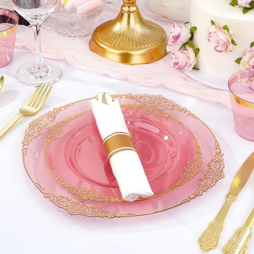 350 PCS Elegant Gold and Burgundy Plastic Dinnerware Set for 50 Guests