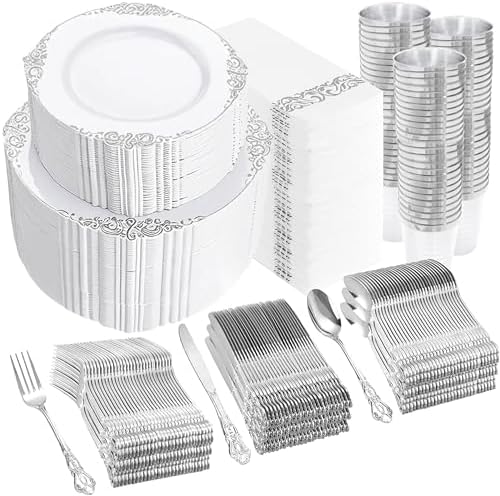 YOUBET 700PCS Silver Plastic Plates Set - 100 Person Wedding Party Disposable Tableware
