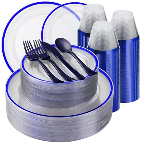 350PCS Blue and Clear Plastic Dinnerware Set for 50 Guests