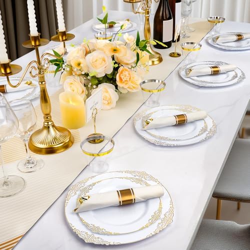 350 PCS White Gold Plastic Plates for 50 Guests