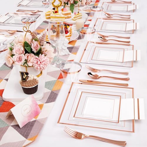 Festiva 350Pcs Rose Gold Plastic Plates Set for 50 Guests
